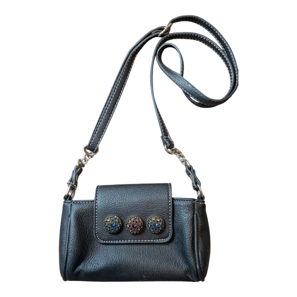 Ginger Snaps Black Mini Crossbody Rhinestone Button Top Zip Vegan Leather